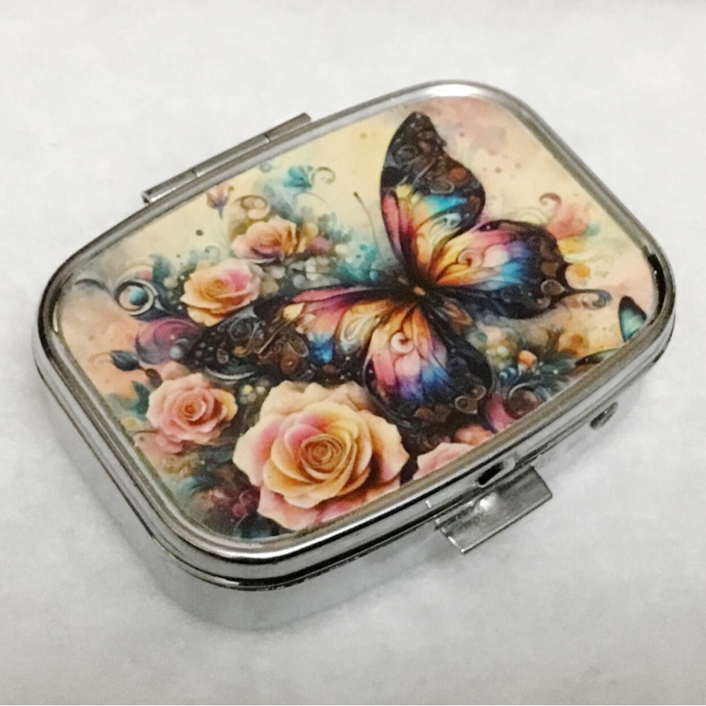 Butterfly Peach Roses Multi-Use Mirrored Pill Box Container - Picture 2 of 7
